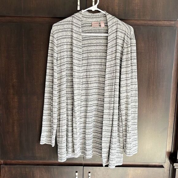 Chico’s Gray CoziSoft Striped Long-Sleeve Long Cardigan Medium - Picture 1 of 7